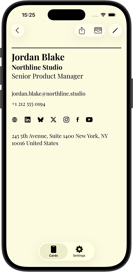 business card SimpleApp app screenshot showing sharing options