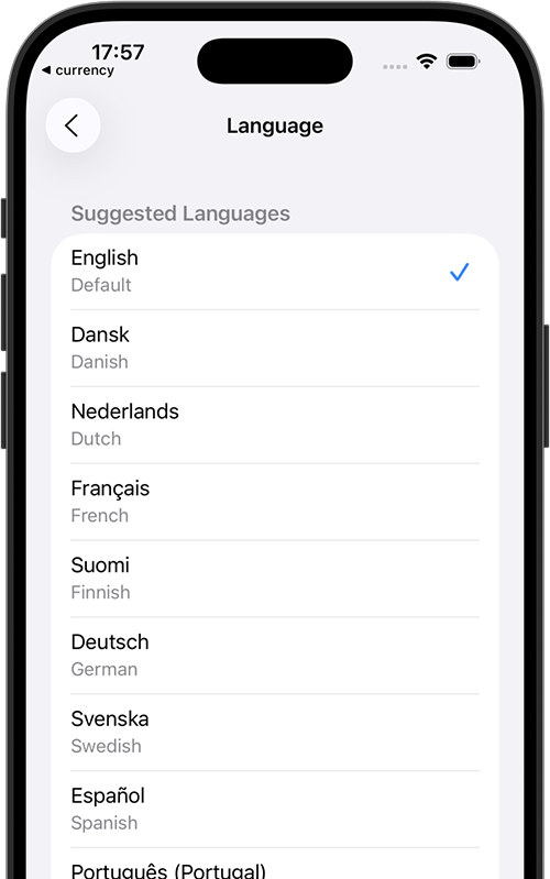 Language settings screen in currency SimpleApp