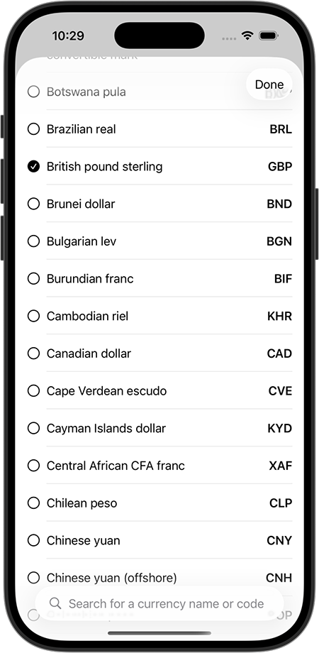 currency SimpleApp app screenshot showing currency list and search in light mode